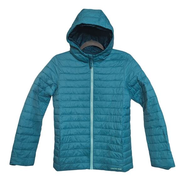 LANDS END Girl's Size XL 14-16 Primaloft Turquoise Hooded Puffer Jacket $90 MSRP